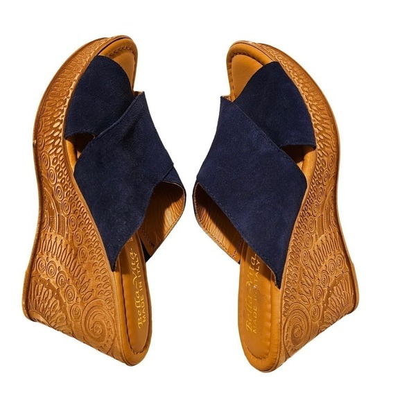 Bella Vita made in Italy Sz.8.5M. Platform slippers. Navy suede. Aztec heels - Picture 3 of 9